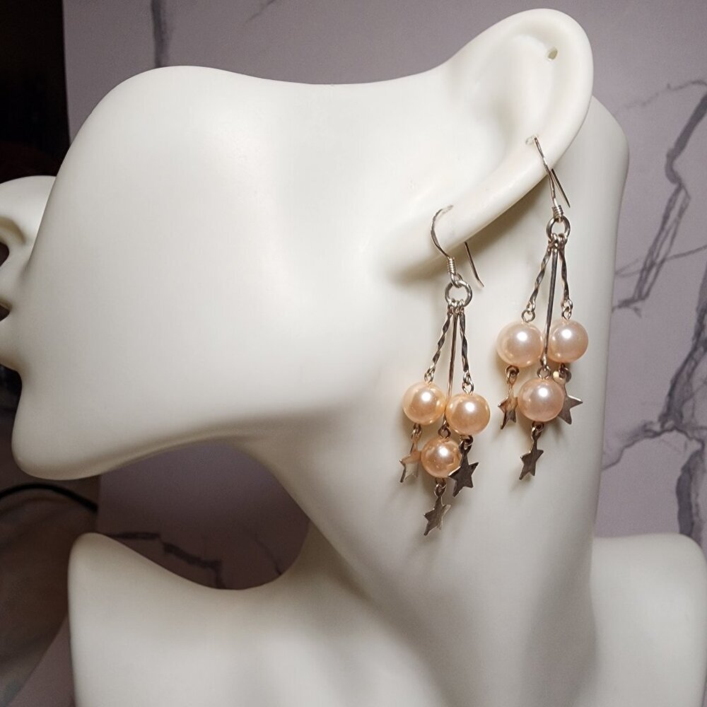 925 Silver Pink Pearl and Star Charm Dangle Earrings